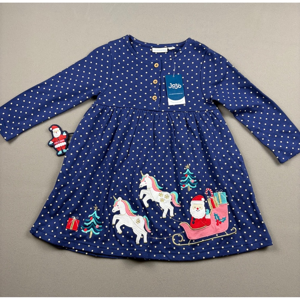 JoJo Maman Bebe Kids Navy Polka Dot Christmas Unicorn Santa Dress 18-24M NWT